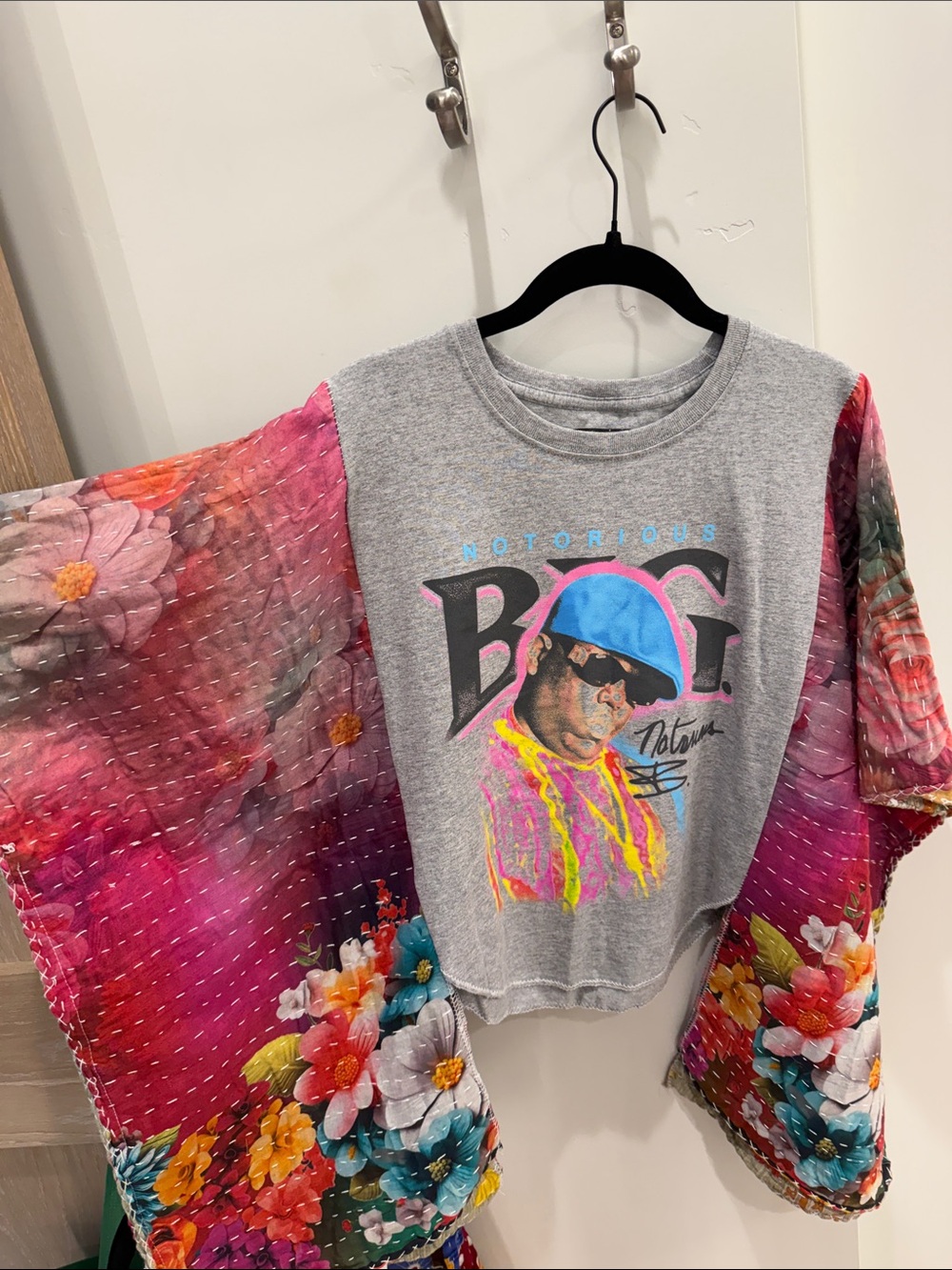 Graphic Short Sleeve Tee with Floral Sleeves - Gray & Multicolor - Picture 2 of 4